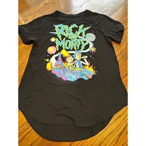 Rick and Morty Graphic T-Shirt Black Neon Hi-Low Hem Women Large L 11-13